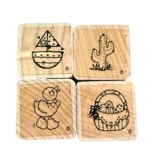DOTS Set Of 4 Assorted Mini Rubber Stamps Boat Duck Basket Cactus